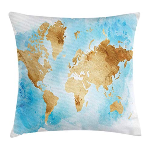 FULIYA Throw Pillow Cases Decorative Soft Square, Watercolor World Map in Soft Tones Atlantic Pacific Ocean，Throw Pillow Cover Cushion Case for Sofa 22x22 Inch