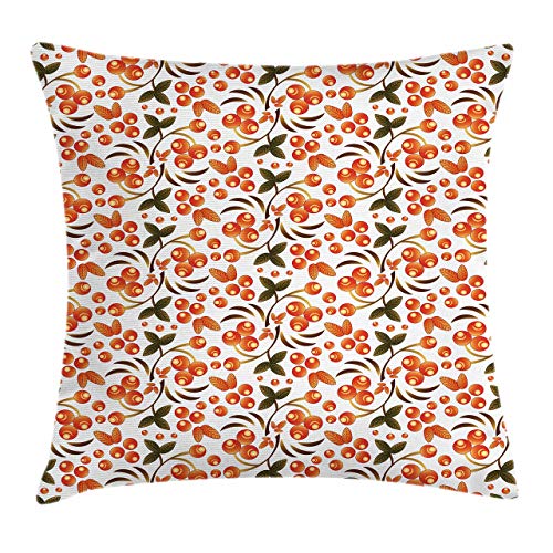 FULIYA Throw Pillow Cases Decorative Soft Square, Wild Berries with Orange Toned Rowans in Russian Khokloma Pattern，Throw Pillow Cover Cushion Case for Sofa 22x22 Inches