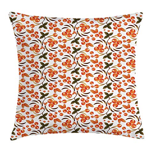 FULIYA Throw Pillow Cases Decorative Soft Square, Wild Berries with Orange Toned Rowans in Russian Khokloma Pattern，Throw Pillow Cover Cushion Case for Sofa 22x22 Inches