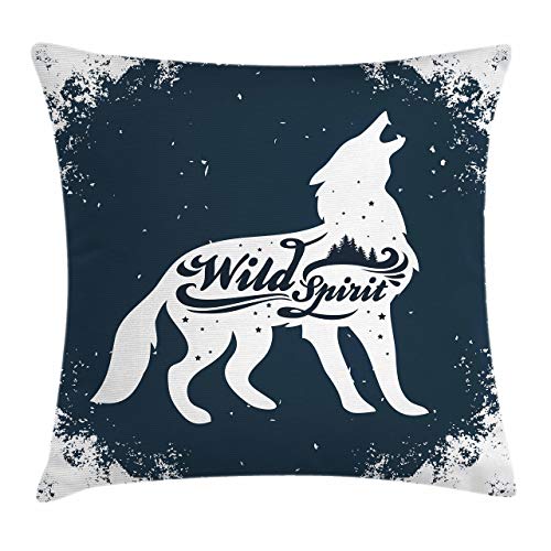 FULIYA Throw Pillow Cases Decorative Soft Square, Wild Spirit Quote on Growling Wolf on Blue Tone Grunge Backdrop，Throw Pillow Cover Cushion Case for Sofa 20x20 Inches