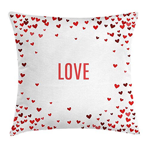 Funda de cojín Love Throw Pillow Cushion Cover, Romance Theme Illustration Valentine's Hearts Abstract Amour Ornamental Design, Decorative Square Accent Pillow Case, Burgundy Red White