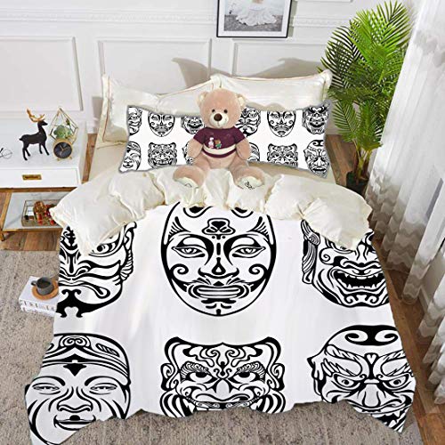 Funda nórdica Tamaño doble (150 x 200 cm) con 2 fundas de almohada Kabuki Mask Decoration Juegos de cama de microfibra Máscaras teatrales japonesas Nogaku Emoción Expresión Cultura Decorativo,Blanco y