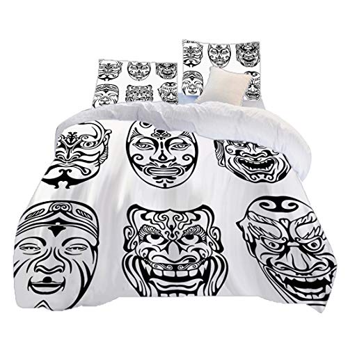 Funda nórdica Tamaño doble (150 x 200 cm) con 2 fundas de almohada Kabuki Mask Decoration Juegos de cama de microfibra Máscaras teatrales japonesas Nogaku Emoción Expresión Cultura Decorativo,Blanco y