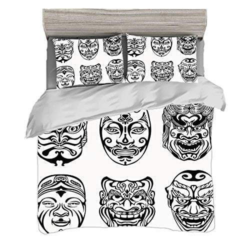 Funda nórdica Tamaño doble (150 x 200 cm) con 2 fundas de almohada Kabuki Mask Decoration Juegos de cama de microfibra Máscaras teatrales japonesas Nogaku Emoción Expresión Cultura Decorativo,Blanco y