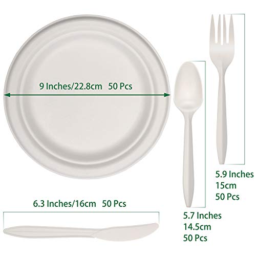 Fuyit Platos Desechables, 200 Piezas Compostables Vajilla, Incluye Biodegradable 50 Platos, 50 Tenedores, 50 Cuchillos y 50 Cucharas para Fiesta, Picnic, Camping