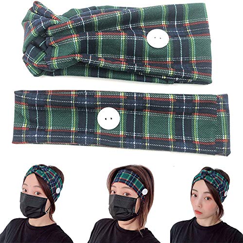 FZ FUTURE 2 Paquete de Entrenamiento Las Vendas con Botones para Titular Mask, Antideslizante - Sweat Bandas de Capilaridad de Pelo para Yoga Fitness Sports Correr, elástico Proteger Sus oídos,Verde