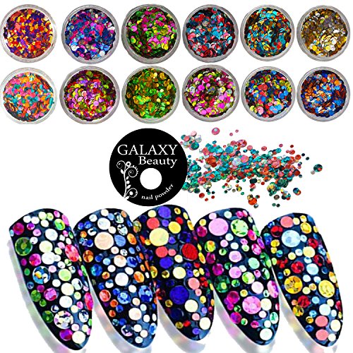 Galaxy Beauty - Decoración de uñas, con purpurina, Confeti Nail Art, holográfico, lentejuelas brillantes redondas, manicuras 3D para autoaplicación