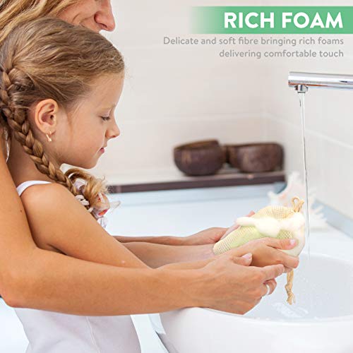 Ganbary Bolsa de jabón para ducha, bolsa de jabón de sisal natural mejorada de gran tamaño con cordón doble, perfecta para jabones espumosos, exfoliantes corporales y secadores, 4 piezas