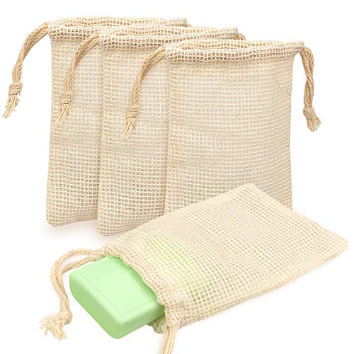 Ganbary Bolsa de jabón para ducha, bolsa de jabón de sisal natural mejorada de gran tamaño con cordón doble, perfecta para jabones espumosos, exfoliantes corporales y secadores, 4 piezas