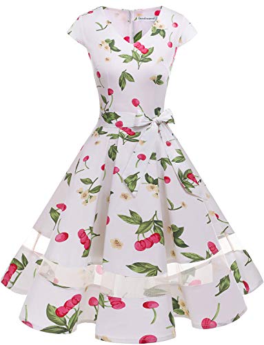 Gardenwed Vintage Vestidos Coctel Corto 50s Vestido de la Fiesta para Mujer White Small Cherry XS