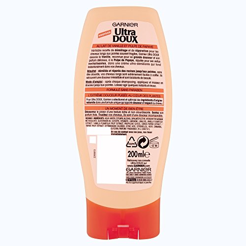 Garnier Acondicionador Ultra Doux fundente para pelo largo y puntas frágiles, leche de vainilla y pulpa de papaya, 250 ml, lote de 3