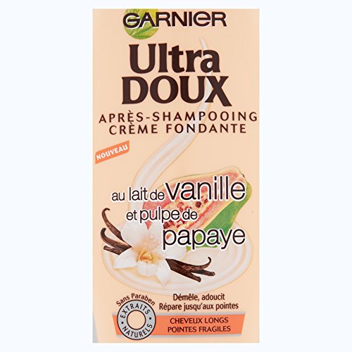 Garnier Acondicionador Ultra Doux fundente para pelo largo y puntas frágiles, leche de vainilla y pulpa de papaya, 250 ml, lote de 3
