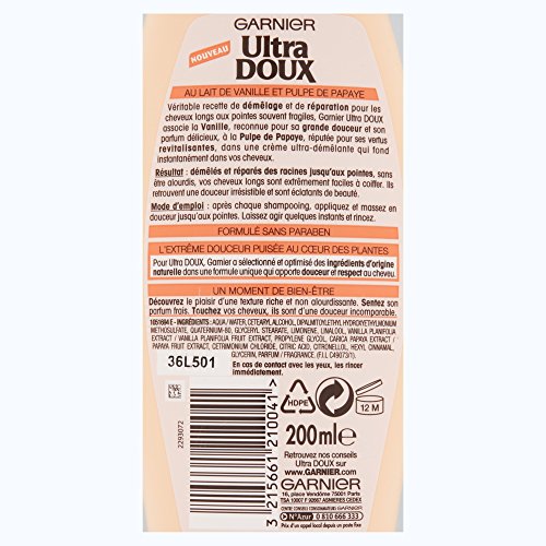 Garnier Acondicionador Ultra Doux fundente para pelo largo y puntas frágiles, leche de vainilla y pulpa de papaya, 250 ml, lote de 3