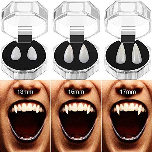 GEEK UP 3 Pares de Colmillos de Dientes de Vampiro, decoración de dentaduras postizas para Cosplay de Fiesta de Halloween con Adhesivo de pellets para Regalos de Fiesta de Disfraces de Halloween