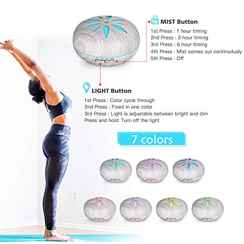 GeeRic humidificador ultrasónico 550ml, Difusor de aceite perfumado Nebulizador para aceites esenciales con 7 colores LED silencioso para yoga, sala de estar, habitación