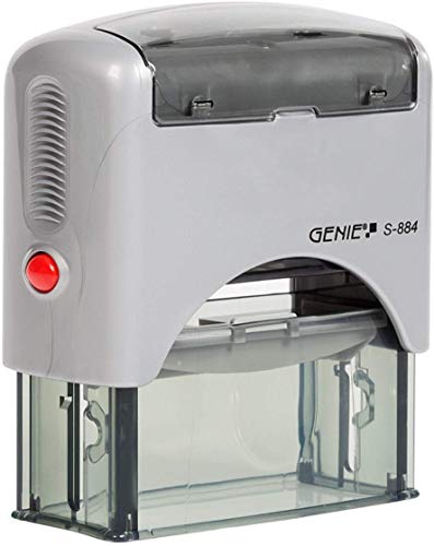 Genie S-884 - Sello autoentintable (5 líneas personalizables, incluye accesorios y almohadillas), color plateado y negro