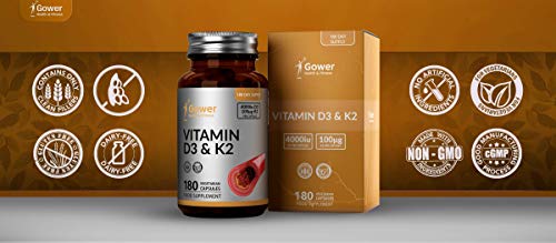 GH Vitamina D3 (4000iu) y Vitamina K2 (100μg) Capsulas | 180 Cápsulas Vegetariano de Alta Resistencia | Para la Resistencia Ósea, Corazón Sano y el Apoyo Inmunitario | Sin OGM, Gluten o Lácteos