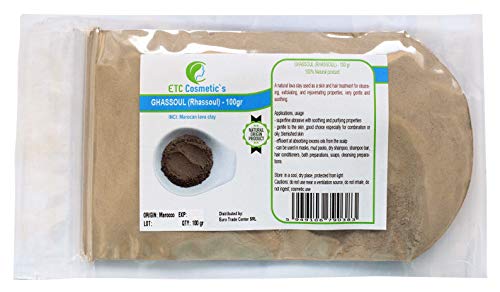 Ghassoul (Rhassoul clay) 100 g: una arcilla de lava natural utilizada como tratamiento para la piel y el cabello para la limpieza, exfoliación, muy suave y calmante.
