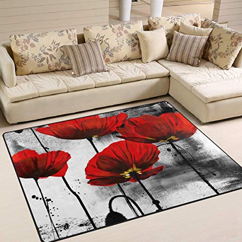 G.H.Y Área Alfombra 36 x 24 in Hermosa Flor de Amapola roja Arte poliéster para Sala de Estar Dormitorio