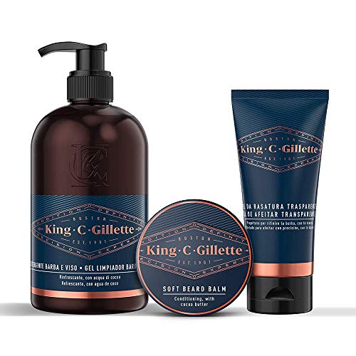 Gillette King C. Gel Limpiador Para Barba Y Rostro Para Hombre 350 ml + Gillette King C. Bálsamo Suave Para Barba 100 ml + Gillette King C. Gel De Afeitar Transparente Para Hombre 150 ml