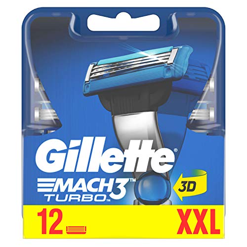 Gillette Mach3 Turbo 3D - Cuchillas de afeitar con tiras de humedad mejoradas, 12 cuchillas de repuesto