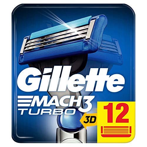 Gillette Mach3 Turbo 3D - Cuchillas de afeitar con tiras de humedad mejoradas, 12 cuchillas de repuesto