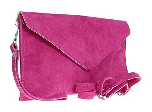 Girly Handbags Mujer Cuero de Gamuza Envelope Clutch Pulsera Piel Auténtica Rígido Bolso bandolera Fuchsia