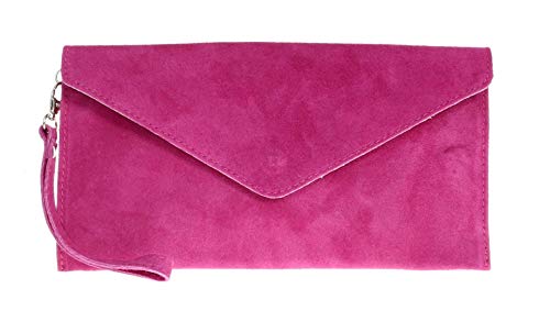 Girly Handbags Mujer Cuero de Gamuza Envelope Clutch Pulsera Piel Auténtica Rígido Bolso bandolera Fuchsia