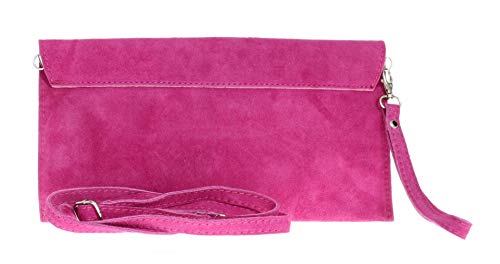 Girly Handbags Mujer Cuero de Gamuza Envelope Clutch Pulsera Piel Auténtica Rígido Bolso bandolera Fuchsia
