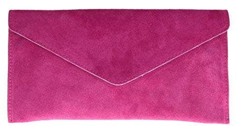 Girly Handbags Mujer Cuero de Gamuza Envelope Clutch Pulsera Piel Auténtica Rígido Bolso bandolera Fuchsia