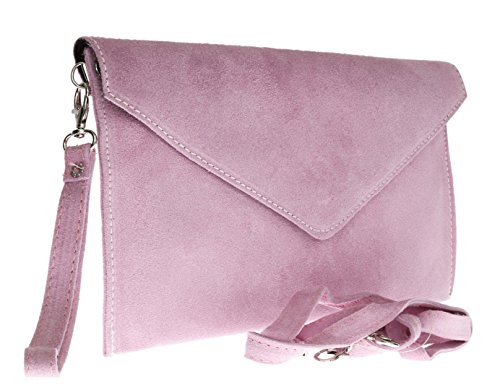 Girly Handbags Mujer Cuero de Gamuza Envelope Clutch Pulsera Piel Auténtica Rígido Bolso bandolera Rosa Claro