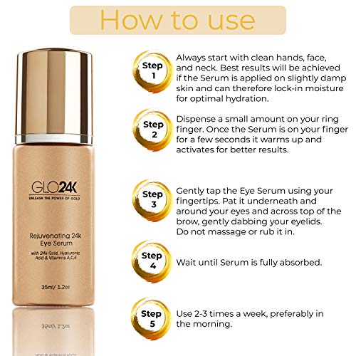 GLO24K Eye Serum con 24k de oro, fórmula antienvejecimiento con vitaminas y ácido hialurónico