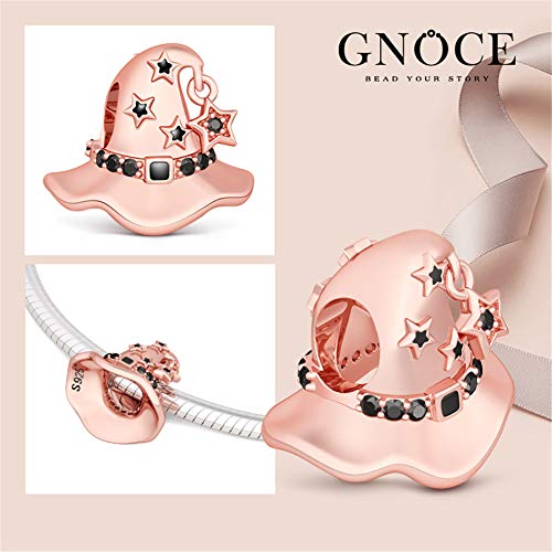 GNOCE Magic Witch Hat Charm Bead chapado en oro rosa con plata de ley 925 negro Cz Poderes mágicos encantos ajuste pulseras collar Halloween encanto regalo para niños