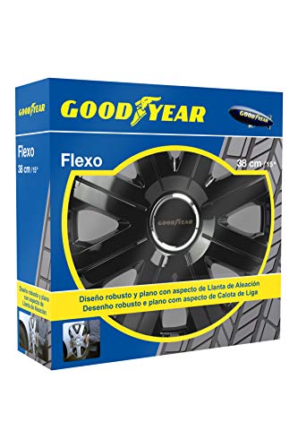 Goodyear 75511 1 Juego de 4 tapacubos Color Negro de 15” con tecnología Flexo y Anillo de sujeción Ajustable, Set de 4