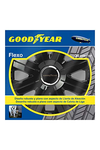 Goodyear 75511 1 Juego de 4 tapacubos Color Negro de 15” con tecnología Flexo y Anillo de sujeción Ajustable, Set de 4