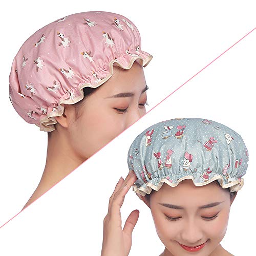 Gorro de ducha, 2 paquetes impermeables de doble capa de baño casquillos de baño banda elástica gorro de ducha spa reutilizable champú Headwear para mujeres y niñas