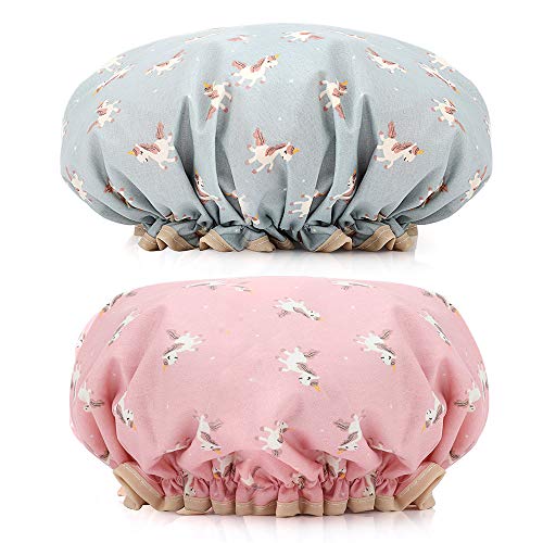 Gorro de ducha, 2 paquetes impermeables de doble capa de baño casquillos de baño banda elástica gorro de ducha spa reutilizable champú Headwear para mujeres y niñas