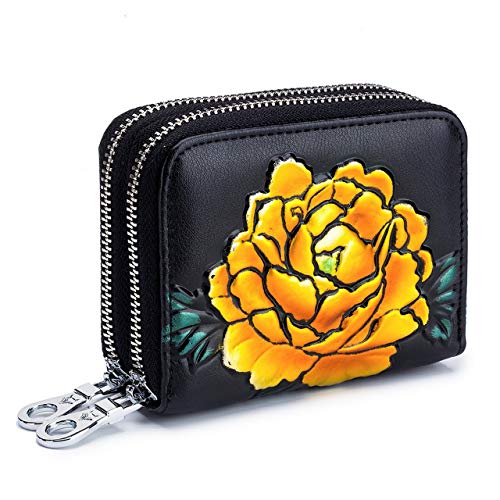 Gouokou - Tarjetas de organga con Doble Cremallera, multitarjeta, con Cepillo antirrobo RFID para Hombre y Mujer, multifunción, Paquete de Tarjetas Negro Dorado