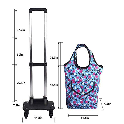 GQQ Carrito para Uso General Carrito de Compras Plegable para Comestibles, Carrito para Dos Manos de Empujar Y Tirar de 4 Ruedas, Bolsa de Compras Desmontable, Palanca Telescópica, Rotación de 360 ​​