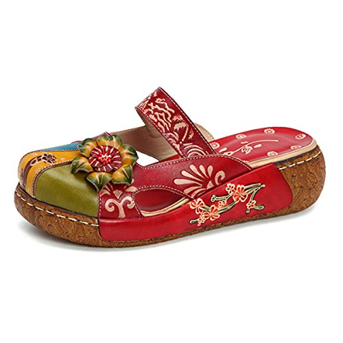 Gracosy - Sandalias de piel para mujer, zapatillas de verano, zapatillas de tacón, plataforma plana, con motivos florales, para pies anchos, color azul, gris, verde y rojo, Rojo (rojo), 40 EU