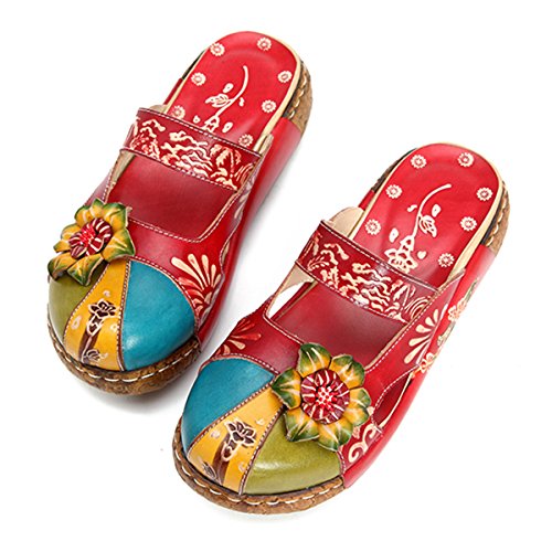 Gracosy - Sandalias de piel para mujer, zapatillas de verano, zapatillas de tacón, plataforma plana, con motivos florales, para pies anchos, color azul, gris, verde y rojo, Rojo (rojo), 40 EU