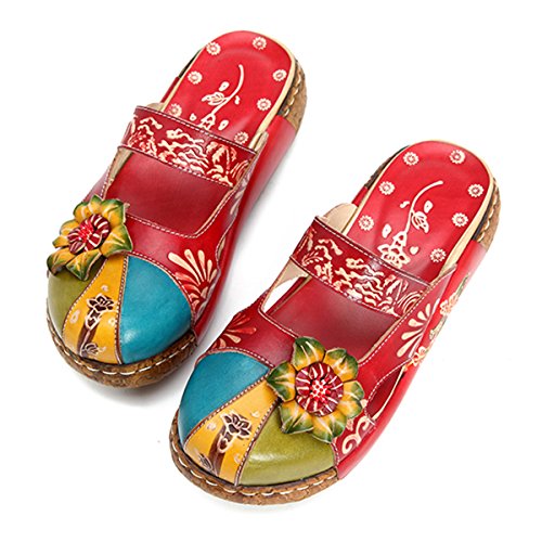 Gracosy - Sandalias de piel para mujer, zapatillas de verano, zapatillas de tacón, plataforma plana, con motivos florales, para pies anchos, color azul, gris, verde y rojo, Rojo (rojo), 40 EU