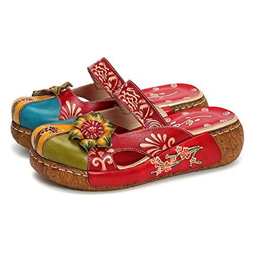Gracosy - Sandalias de piel para mujer, zapatillas de verano, zapatillas de tacón, plataforma plana, con motivos florales, para pies anchos, color azul, gris, verde y rojo, Rojo (rojo), 40 EU