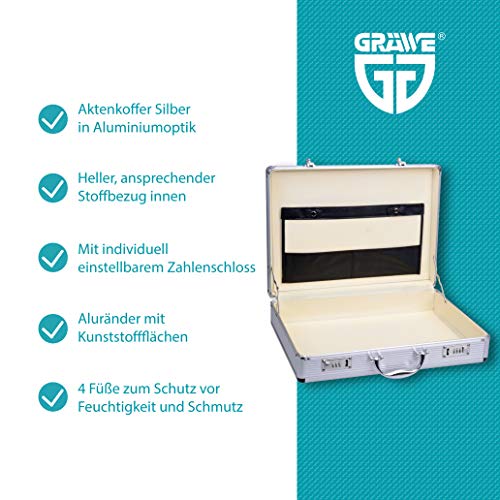 Gräwe - Maletín de aluminio con compartimento para documentos, color plateado