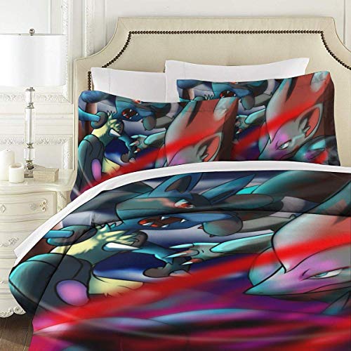Gre-Ninja Lu-cario Juego de Cama Suave de Dibujos Animados Juego de Funda nórdica con 2 Fundas de Almohada, Juego de Ropa de Cama único de 3 Piezas Juego de Funda nórdica s, (Sin edredón)