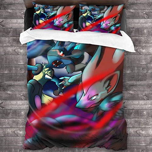 Gre-Ninja Lu-cario Juego de Cama Suave de Dibujos Animados Juego de Funda nórdica con 2 Fundas de Almohada, Juego de Ropa de Cama único de 3 Piezas Juego de Funda nórdica s, (Sin edredón)