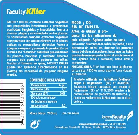 GreenFaculty Faculty Killer: Insecticida, Fungicida, Acaricida, Antiplagas Natural Ecológico Listo para Usar líquido 750 mL. Triple Acción. Cero Residuos