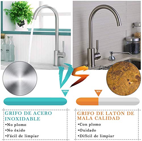 Grifo Cocina Acero Inoxidable 304 Antical Monomando Para Fregadero Encimera rifería con Caño Giratorio Cromado Giratorio Duradero Anticorrosivo 10 Años de Garantía sin Gotear Agua Fría y Caliente
