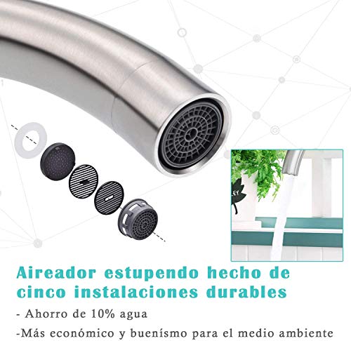 Grifo Cocina Acero Inoxidable 304 Antical Monomando Para Fregadero Encimera rifería con Caño Giratorio Cromado Giratorio Duradero Anticorrosivo 10 Años de Garantía sin Gotear Agua Fría y Caliente