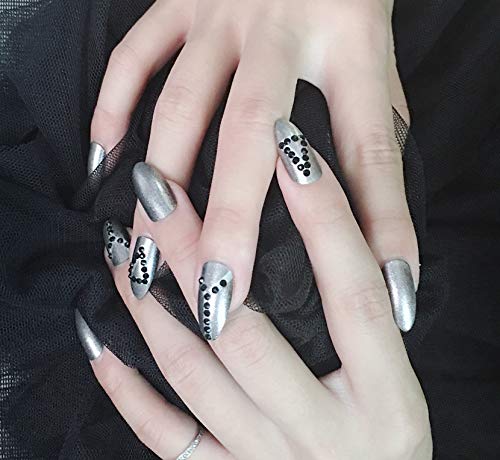 Gris Falso Uñas Stiletto Uñas Postizas Con Negro Rhinestone Nail Tip Nail Art Decor